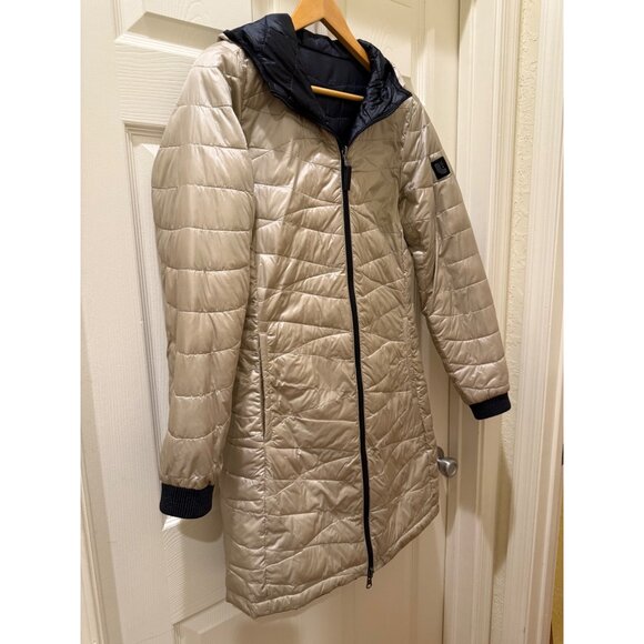 Reversible Beige & Black Hooded Puffer Coat With Zipper Closure & Pockets  Live - Picture 1 of 10